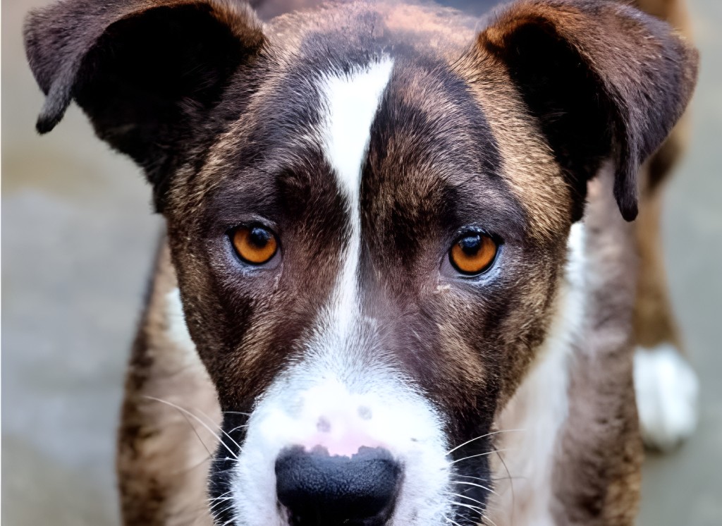 Frankie, a rescued dog looking at the camera